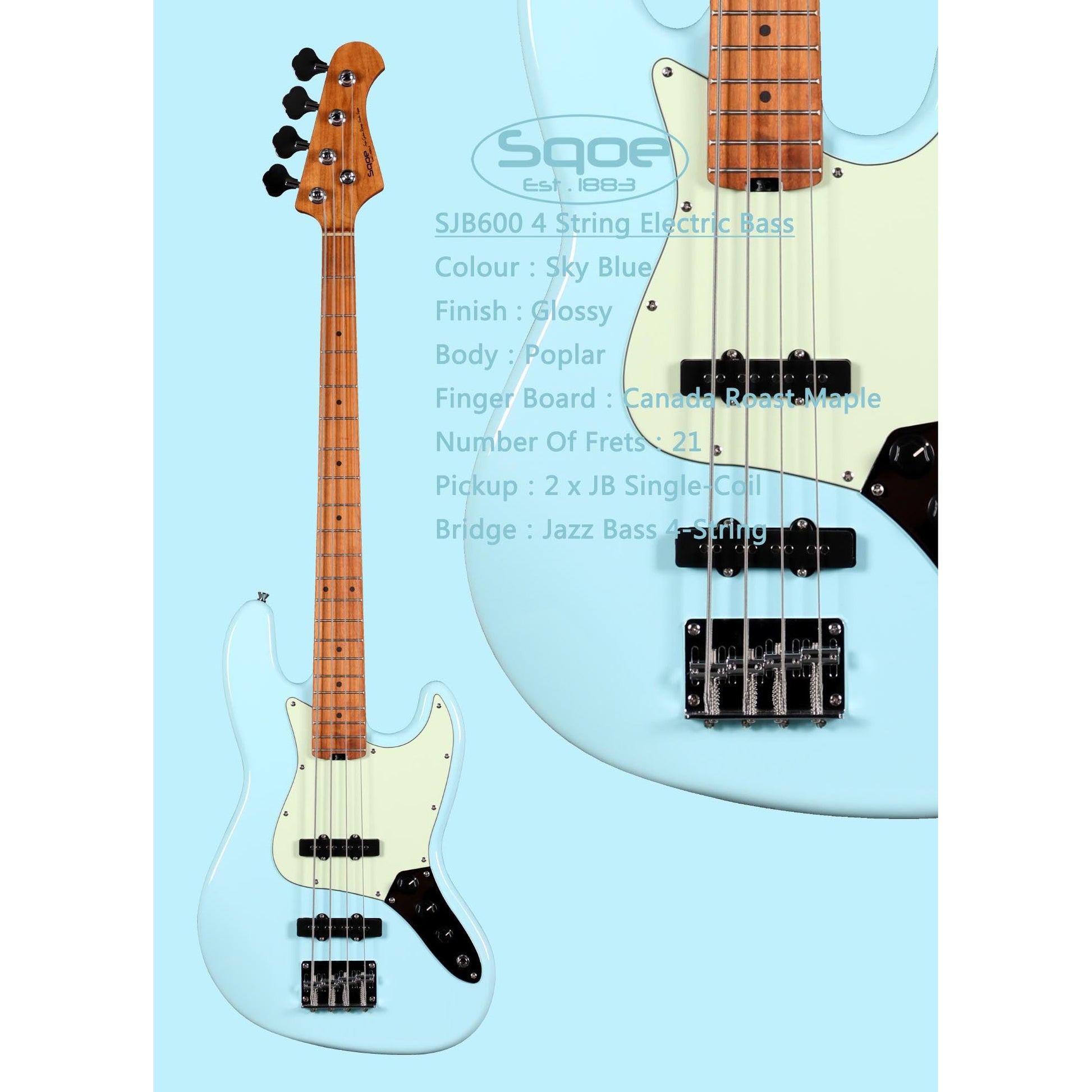 Đàn Guitar Bass Sqoe SJB600 SS, Maple Finngerboard - 4 Strings - Việt Music