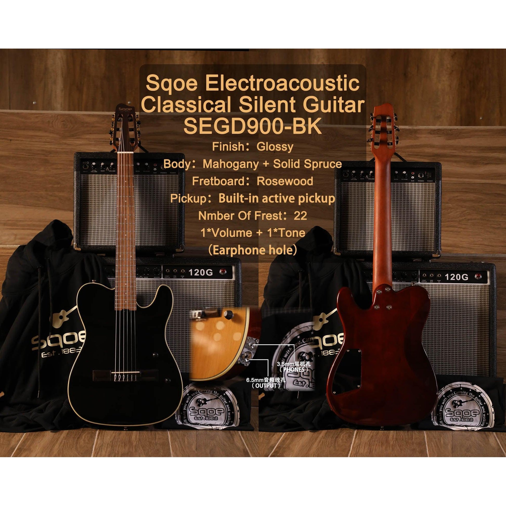 Đàn Guitar Silent Classic Sqoe SEGD900 Spruce, Black - Việt Music