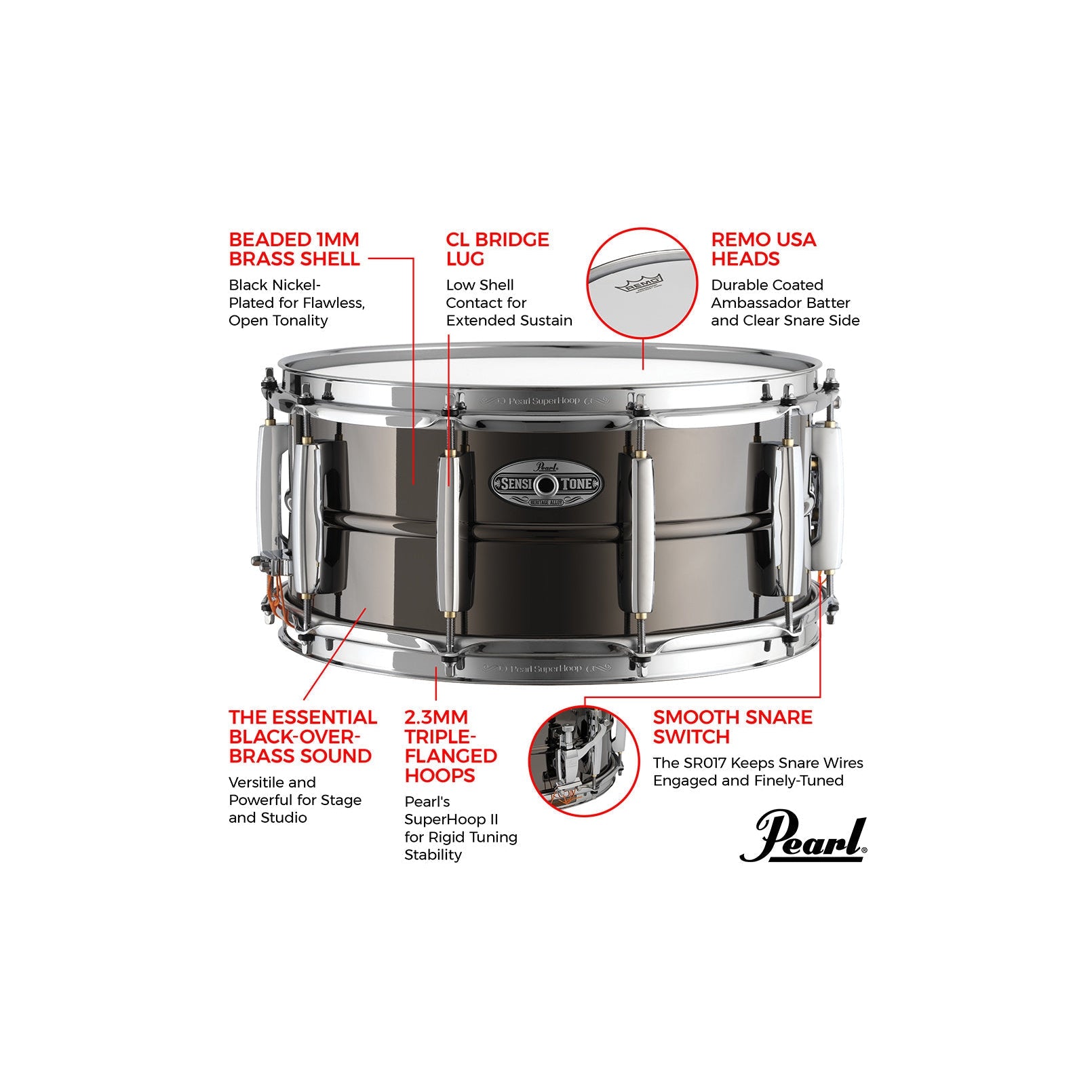 Trống Snare Pearl Sensitone Heritage Alloy Black/Brass - Việt Music