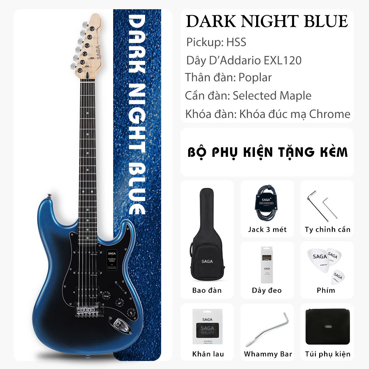 Đàn Guitar Điện Saga SMF1314H Stratocaster HSS, Rosewood Fingerboard, Dark Night Blue - Việt Music