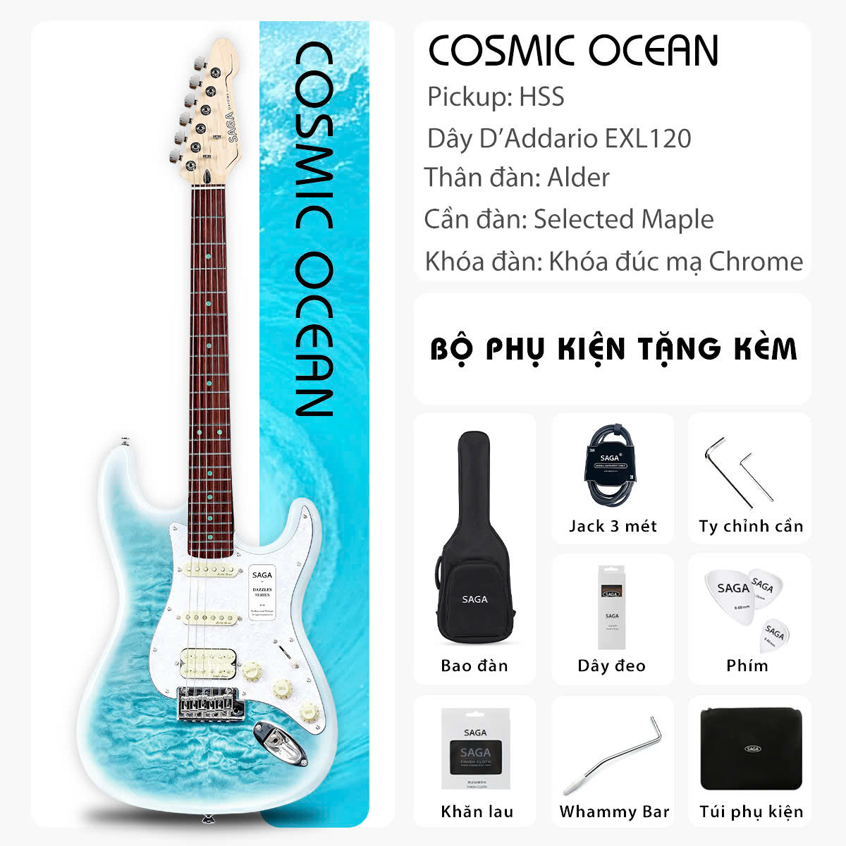 Đàn Guitar Điện Saga SMF1314H Stratocaster HSS, Rosewood Fingerboard, Cosmic Ocean - Việt Music