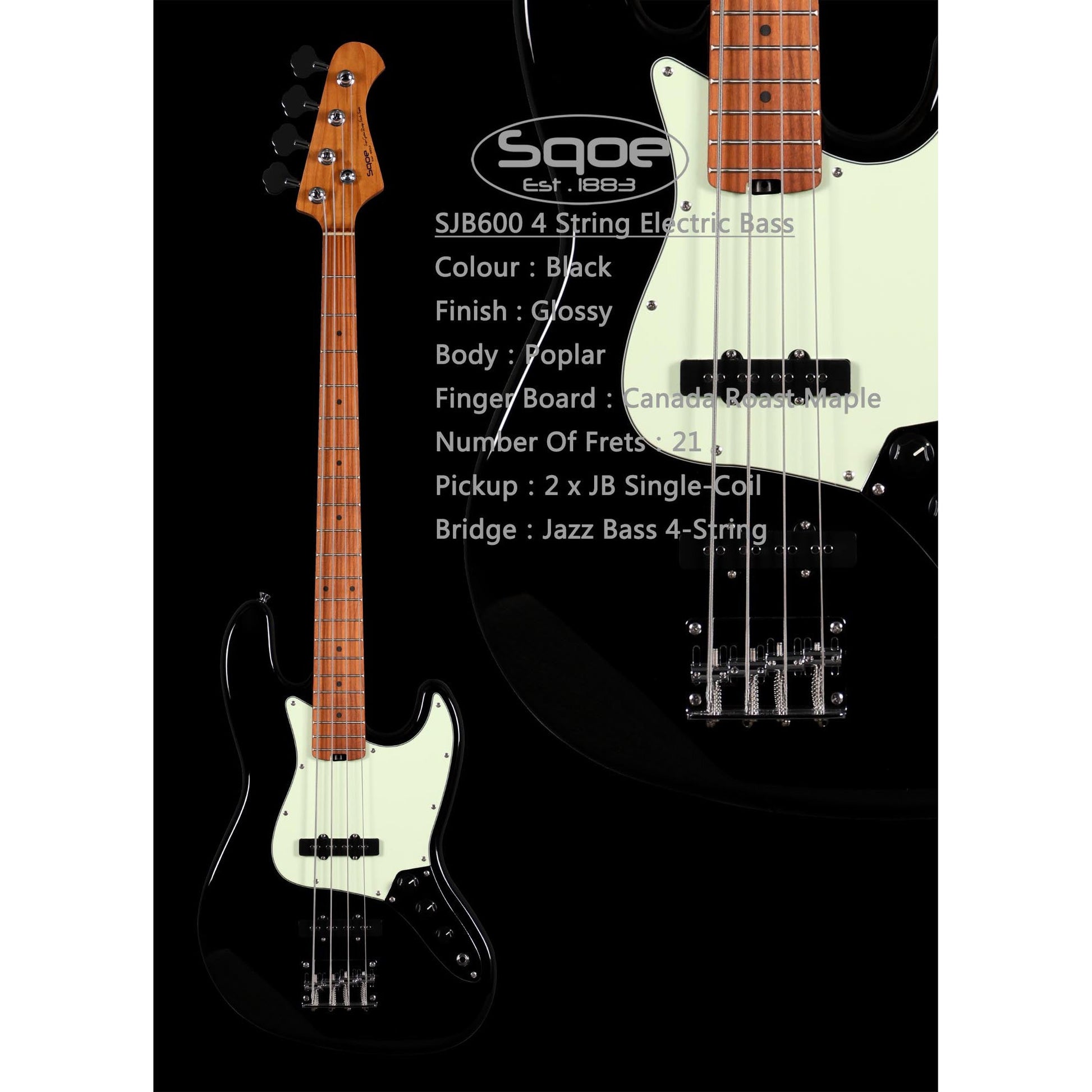 Đàn Guitar Bass Sqoe SJB600 SS, Maple Finngerboard - 4 Strings - Việt Music