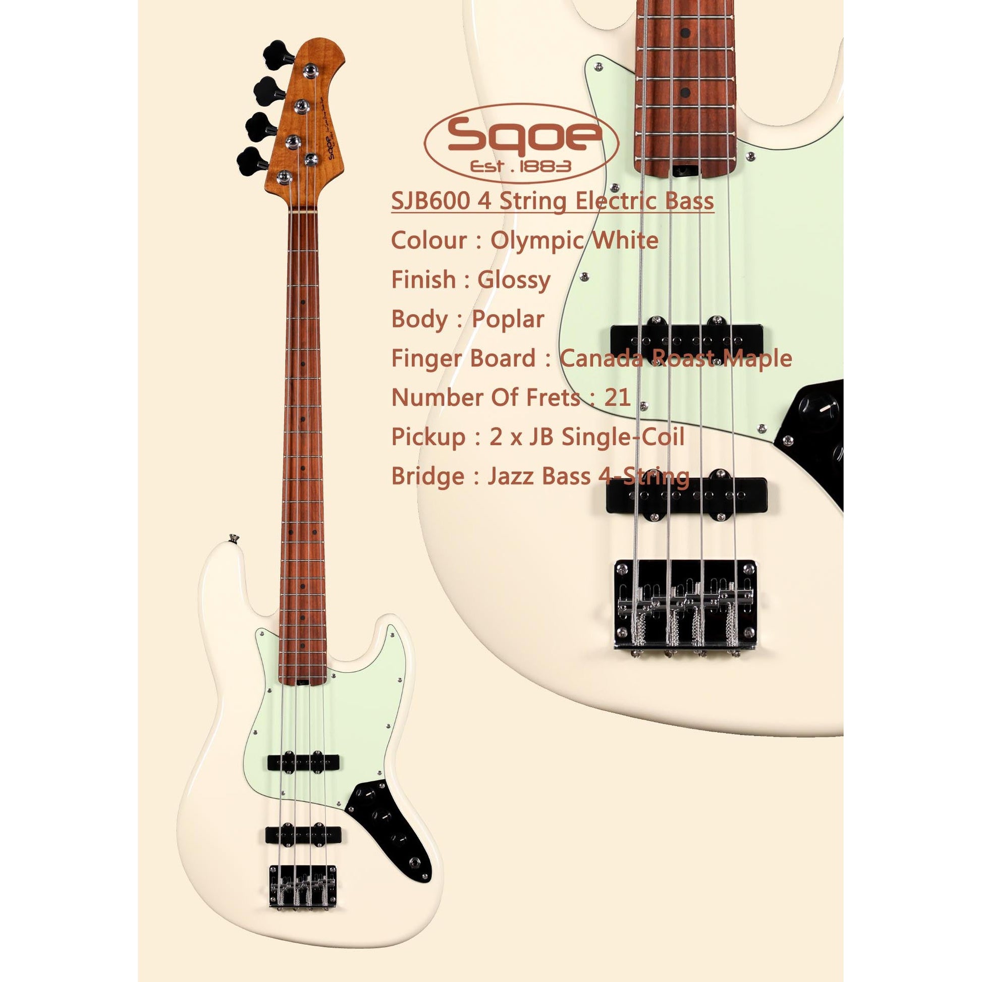 Đàn Guitar Bass Sqoe SJB600 SS, Maple Finngerboard - 4 Strings - Việt Music