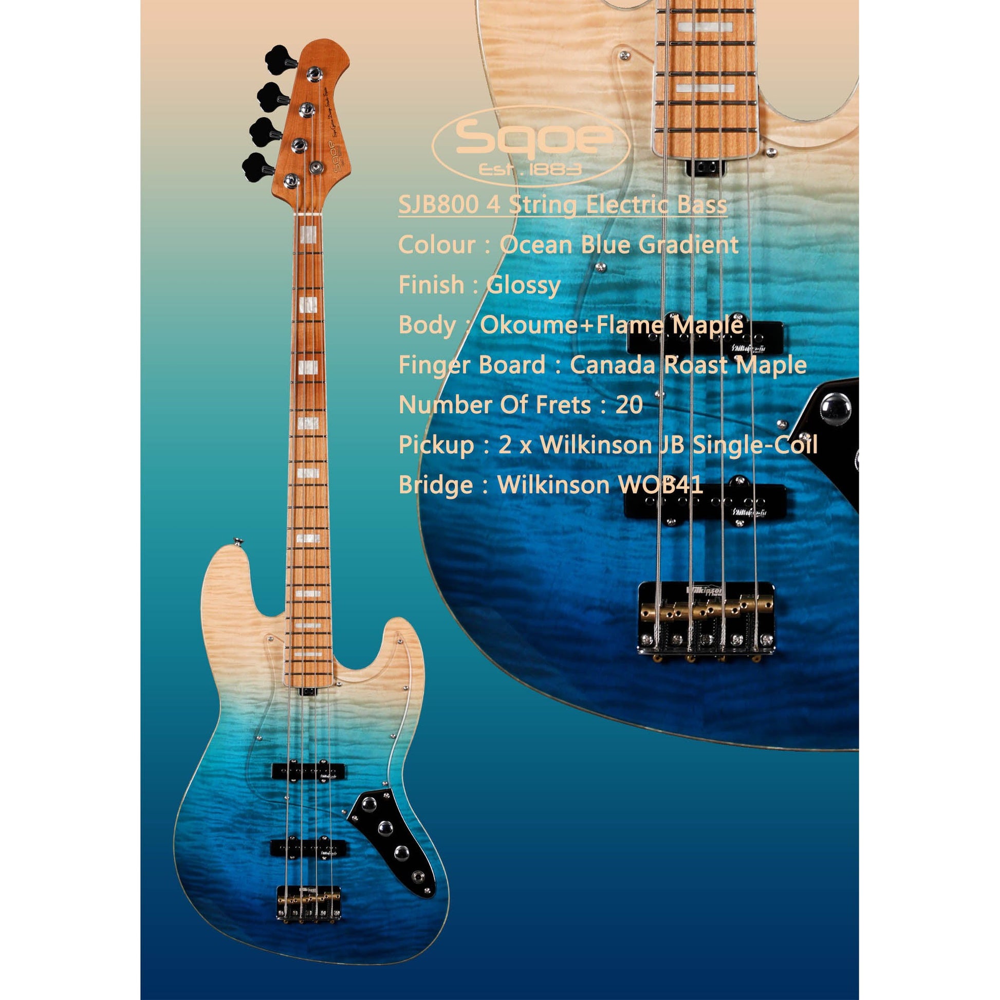 Đàn Guitar Bass Sqoe SJB800 SS, Maple Finngerboard - 4 Strings - Việt Music