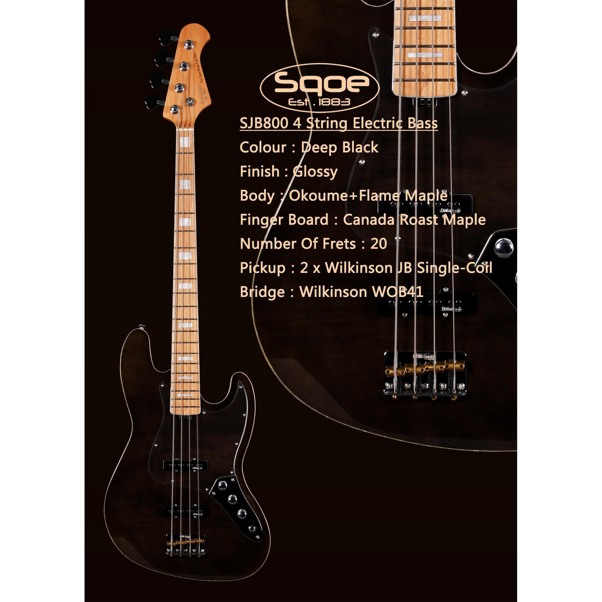 Đàn Guitar Bass Sqoe SJB800 SS, Maple Finngerboard - 4 Strings - Việt Music