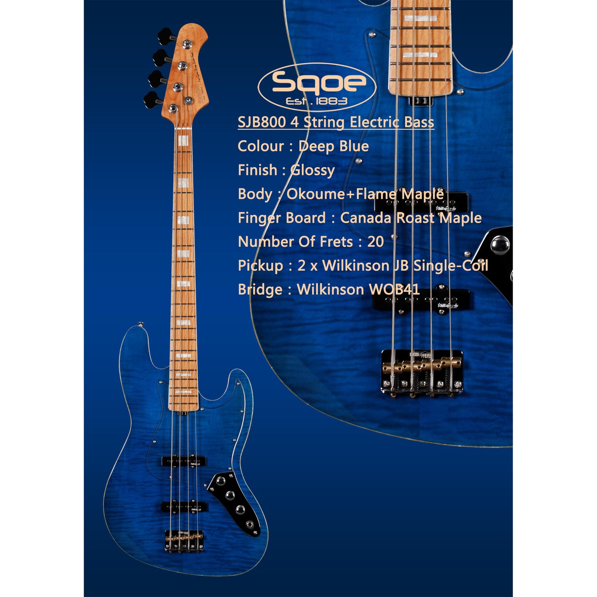 Đàn Guitar Bass Sqoe SJB800 SS, Maple Finngerboard - 4 Strings - Việt Music