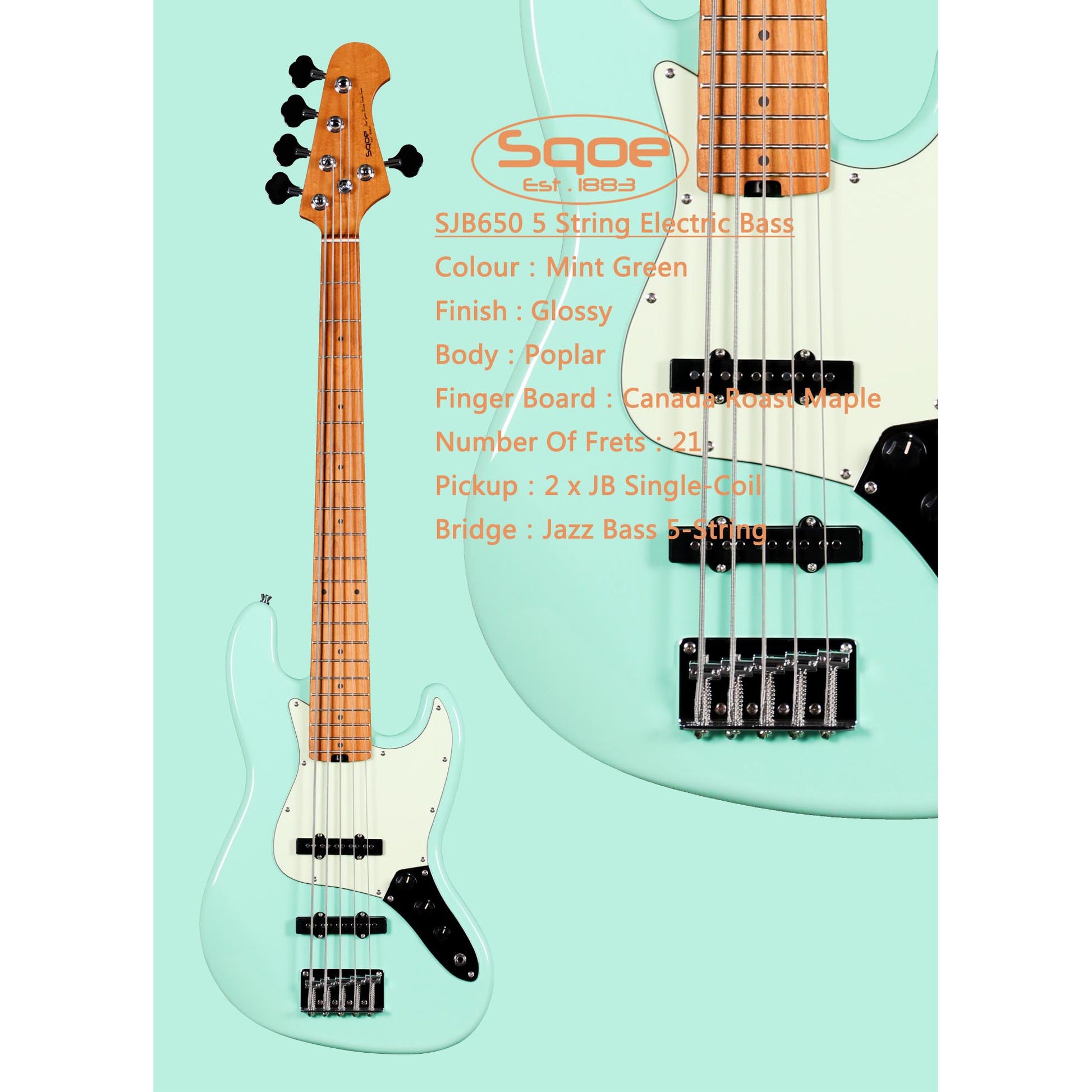 Đàn Guitar Bass Sqoe SJB650 SS, Maple Fingerboard - 5 Strings - Việt Music