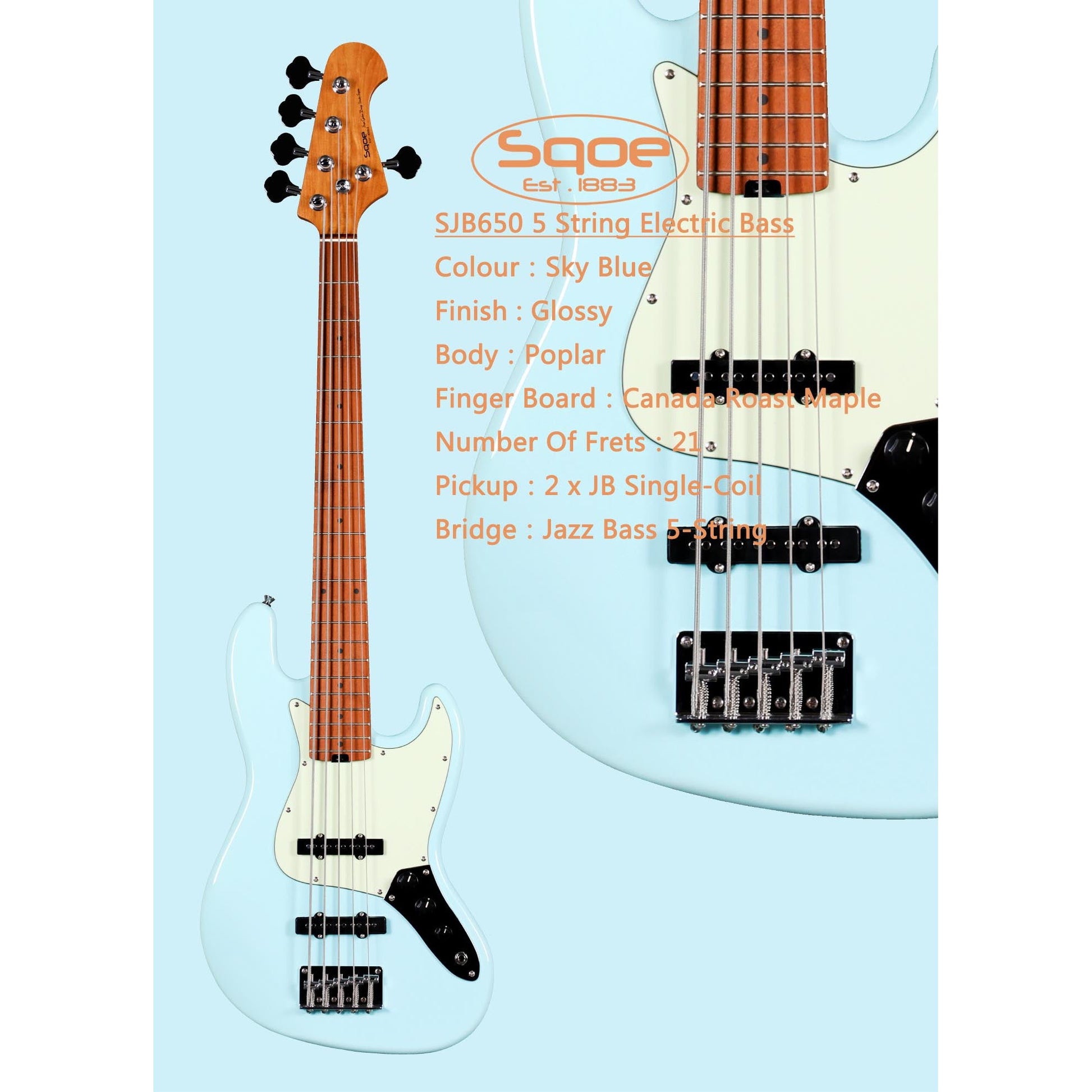 Đàn Guitar Bass Sqoe SJB650 SS, Maple Fingerboard - 5 Strings - Việt Music