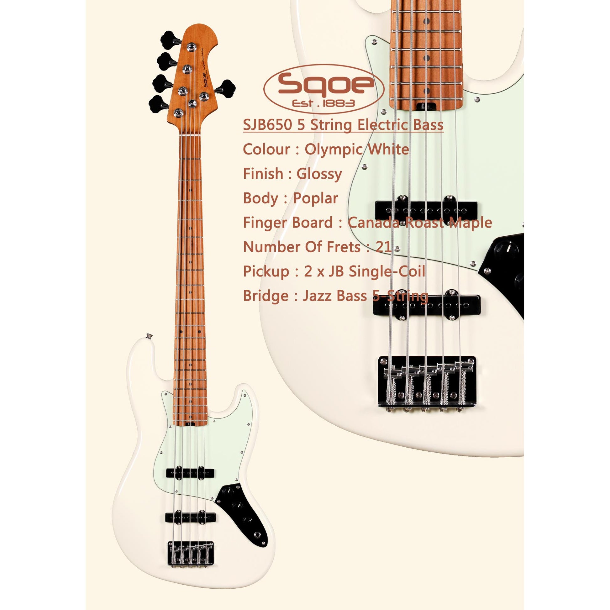 Đàn Guitar Bass Sqoe SJB650 SS, Maple Fingerboard - 5 Strings - Việt Music