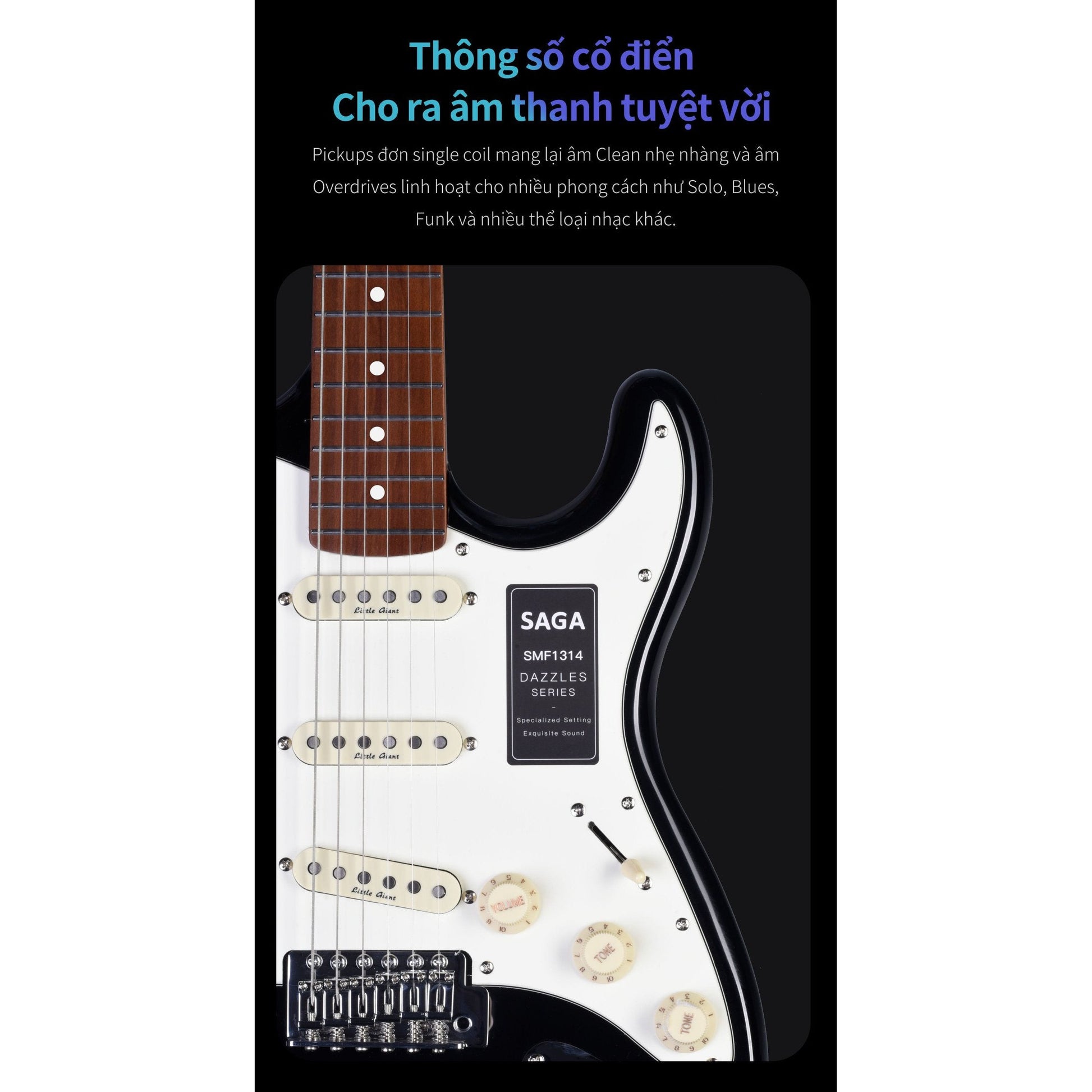 Đàn Guitar Điện Saga SMF1314 Stratocaster SSS, Maple Fingerboard, Black - Việt Music