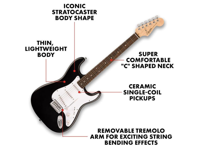 Squier Debut 系列 Stratocaster SSS 電吉他，黑色。