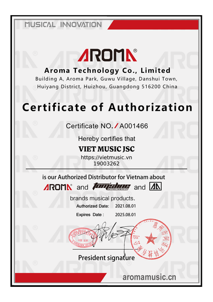 Giấy chứng nhận đại lý chính hãng Aroma Music