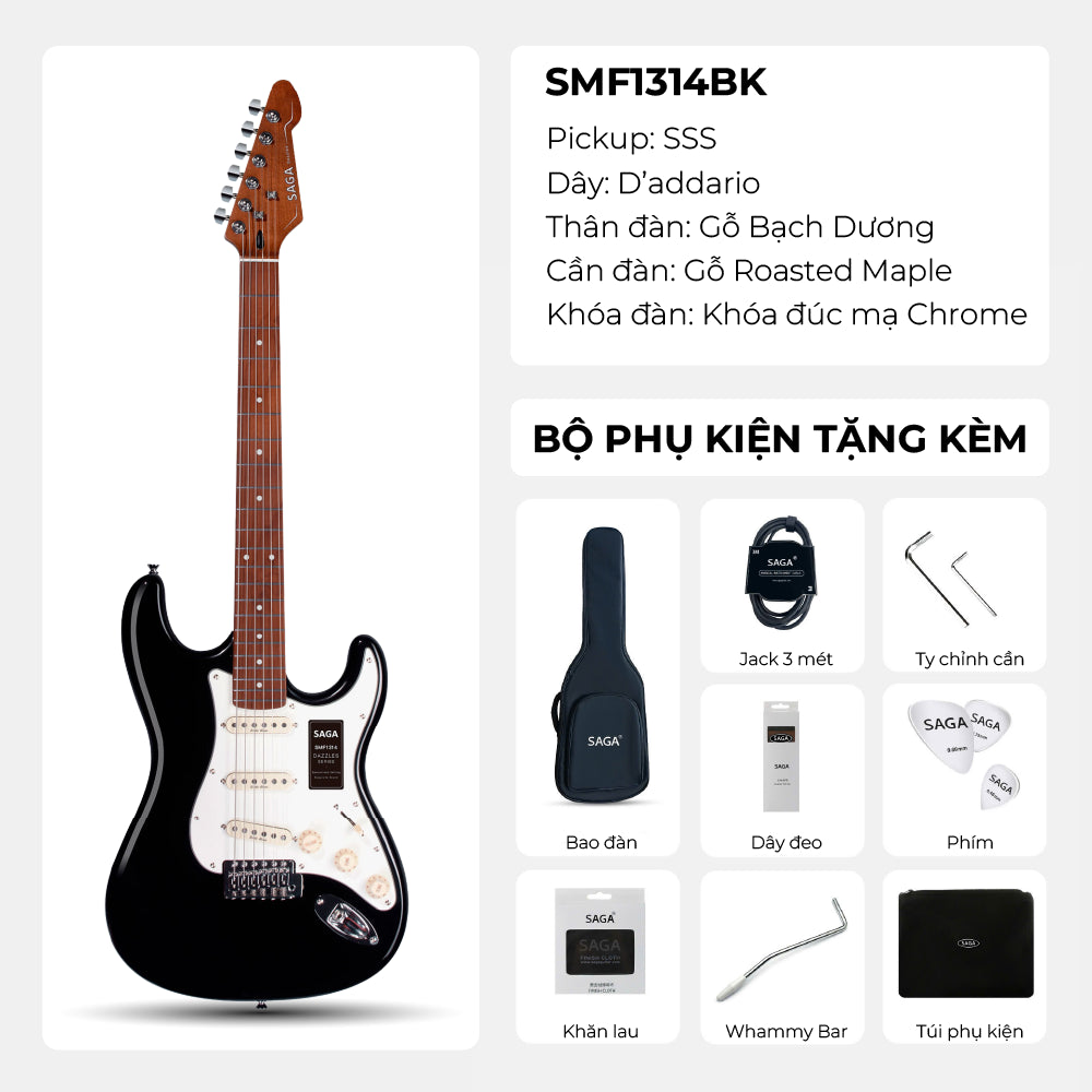 Đàn Guitar Điện Saga SMF1314 Stratocaster SSS, Maple Fingerboard, Black - Việt Music