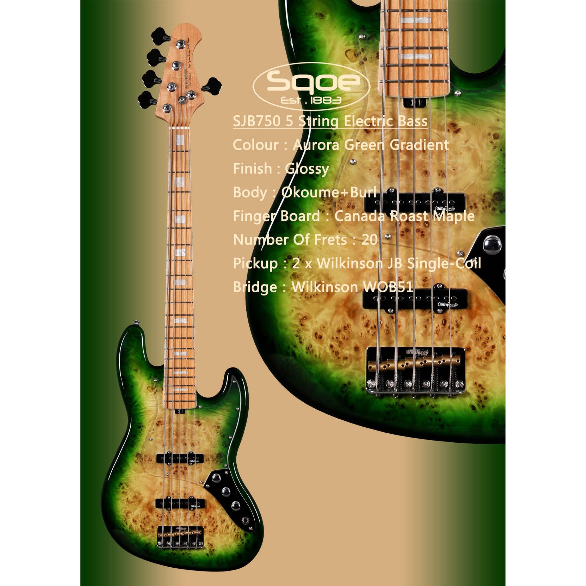 Đàn Guitar Bass Sqoe SJB750 SS, Maple Fingerboard - 5 Strings - Việt Music