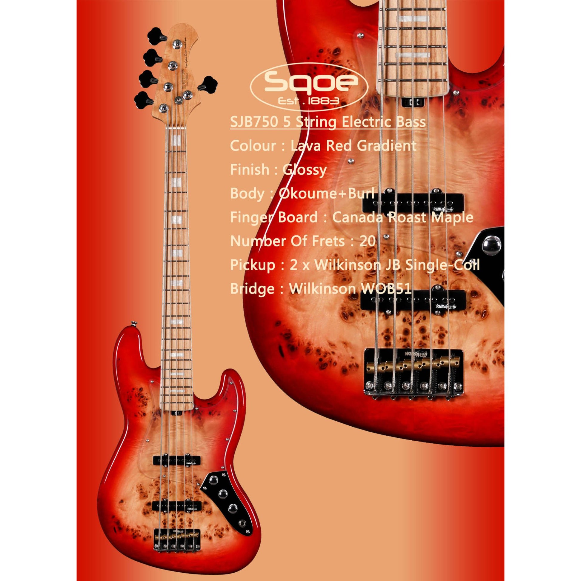 Đàn Guitar Bass Sqoe SJB750 SS, Maple Fingerboard - 5 Strings - Việt Music