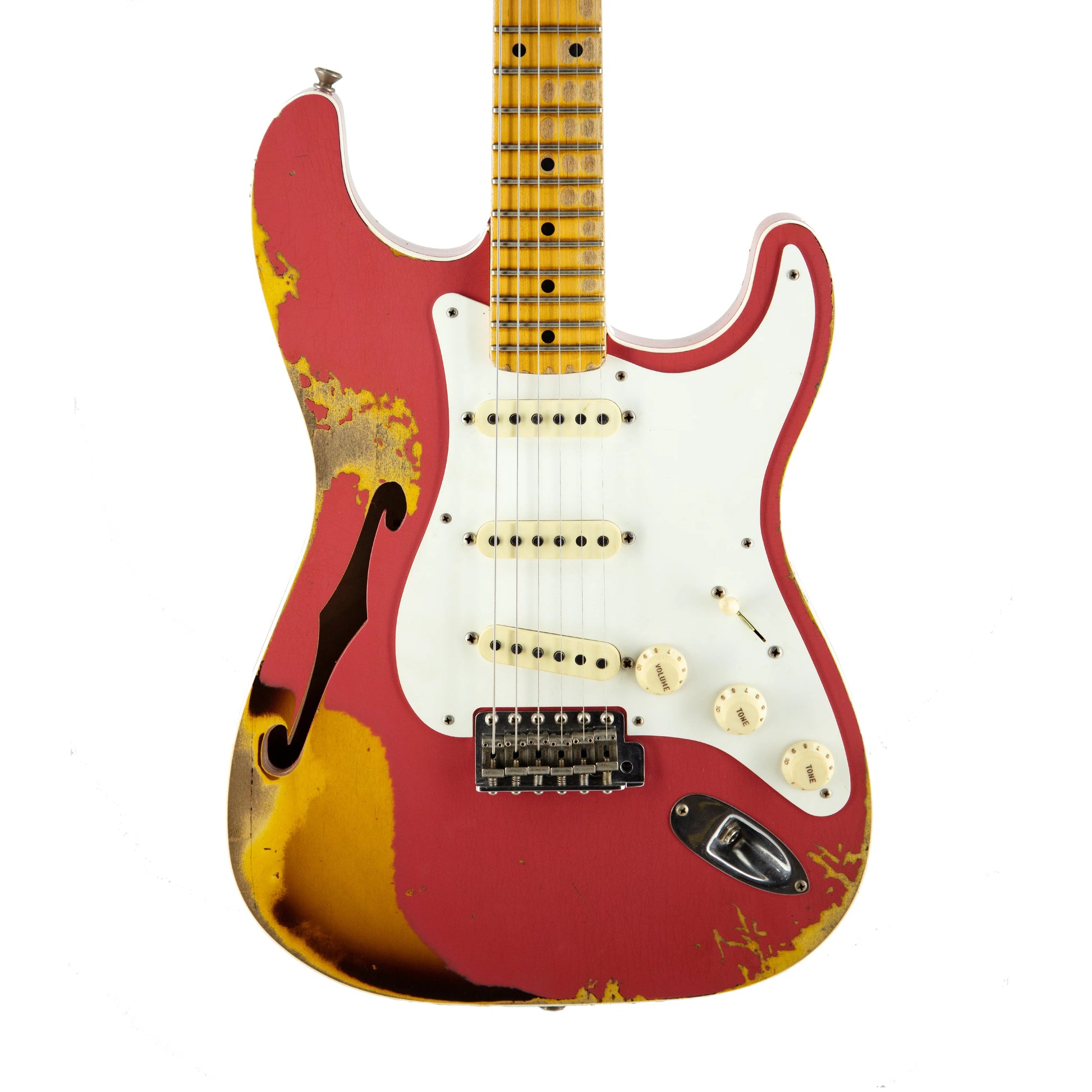 Đàn Guitar Điện Fender Custom Shop 2018 LTD NAMM 1956 Thinline Strat Heavy Relic SSS, Maple Fingerboard, Aged Coral Pink / 3-Tone Sunburst - Việt Music