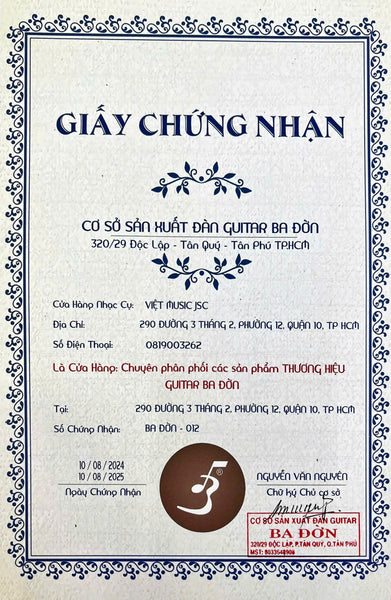 Giấy chứng nhận đại lý chính hãng Ba Đờn Guitar