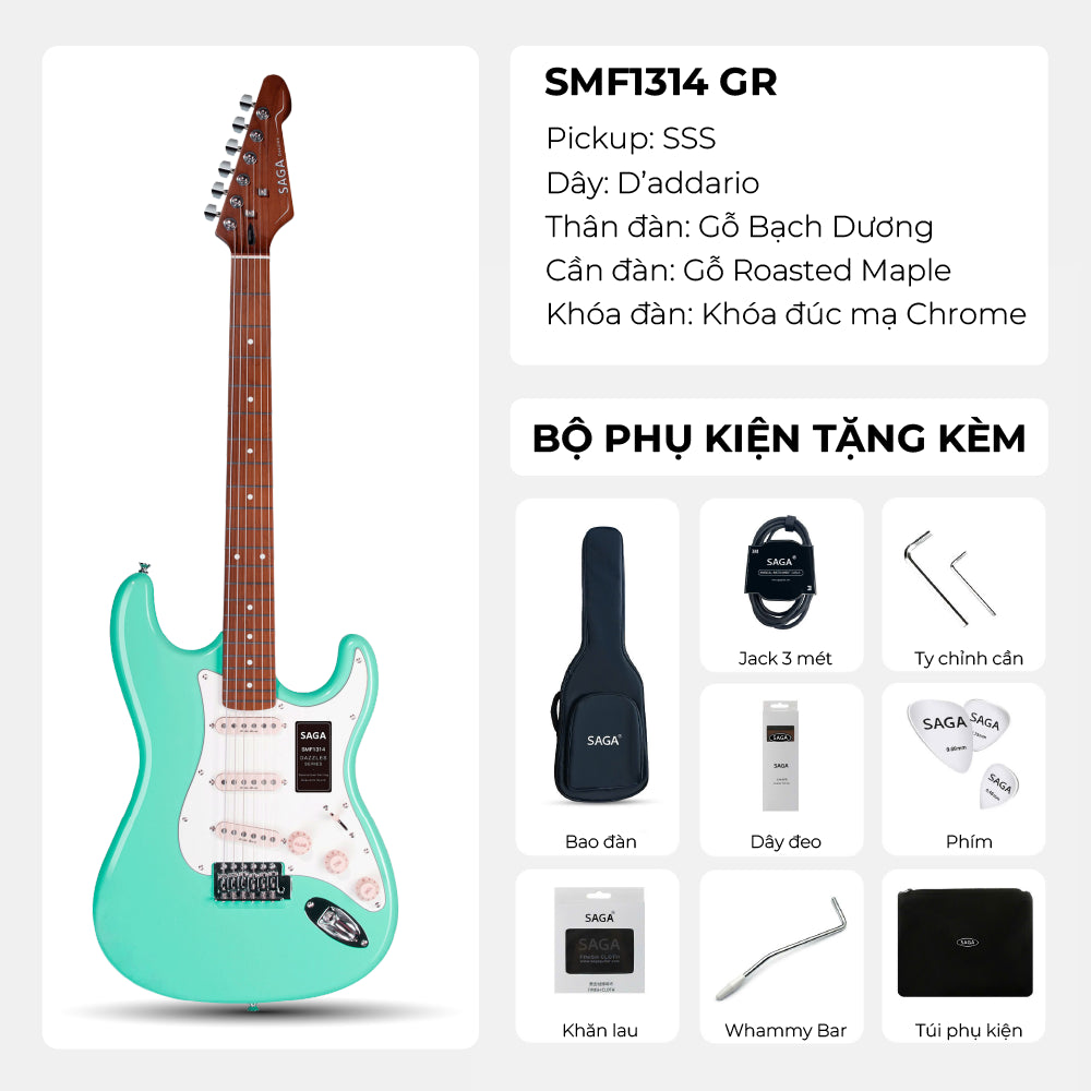 Đàn Guitar Điện Saga SMF1314 Stratocaster SSS, Maple Fingerboard, Green - Việt Music