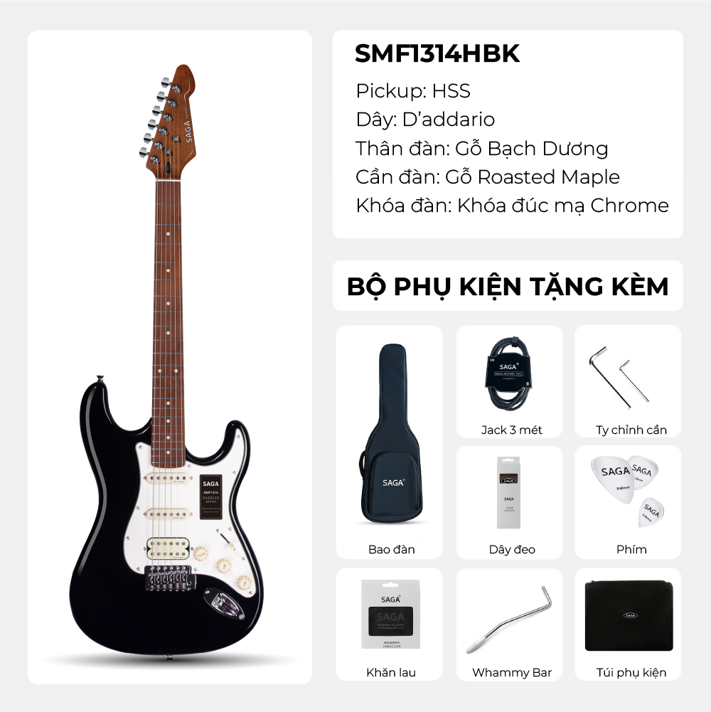 Đàn Guitar Điện Saga SMF1314H Stratocaster HSS, Maple Fingerboard, Black - Việt Music