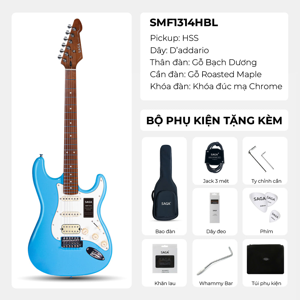 Đàn Guitar Điện Saga SMF1314H Stratocaster HSS, Maple Fingerboard, Blue - Việt Music