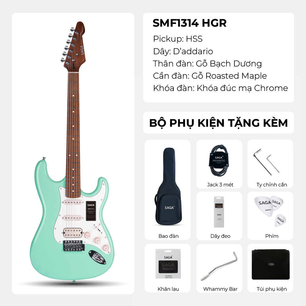 Đàn Guitar Điện Saga SMF1314H Stratocaster HSS, Maple Fingerboard, Green - Việt Music