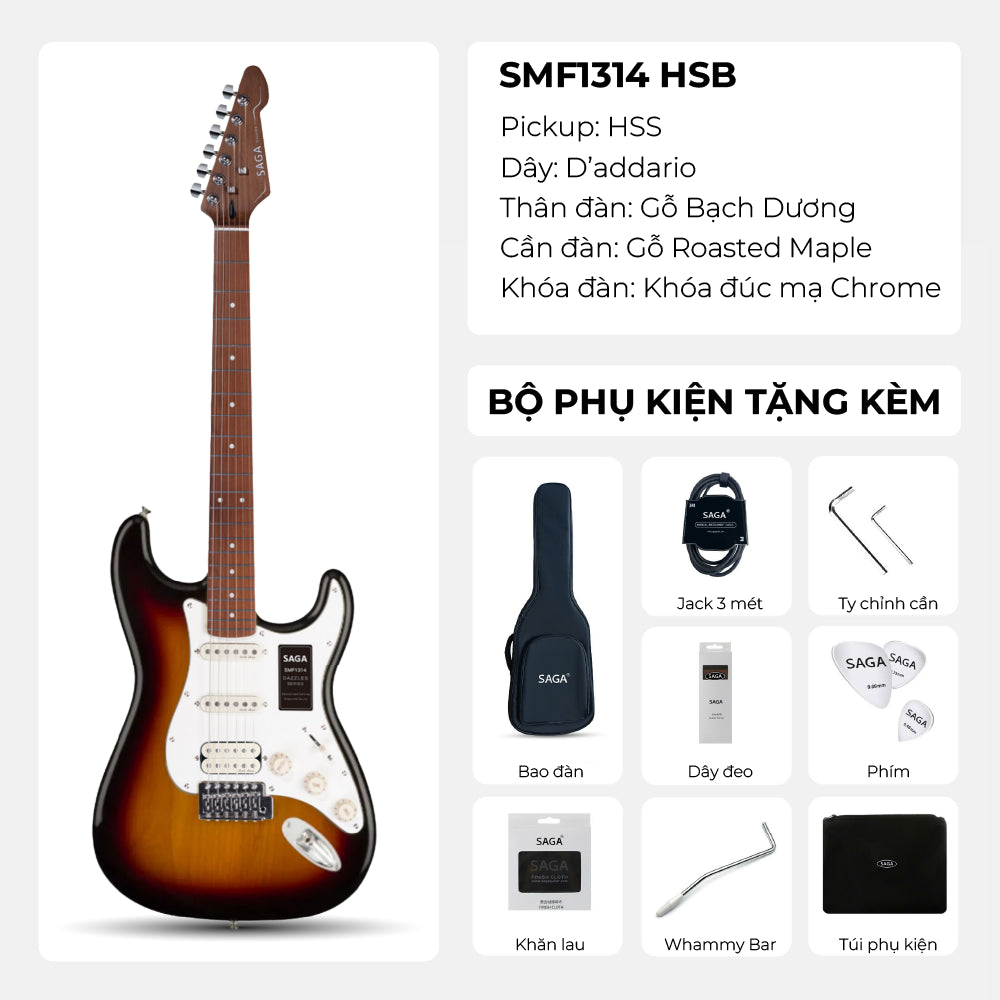 Đàn Guitar Điện Saga SMF1314H Stratocaster HSS, Maple Fingerboard, Sunburst - Việt Music