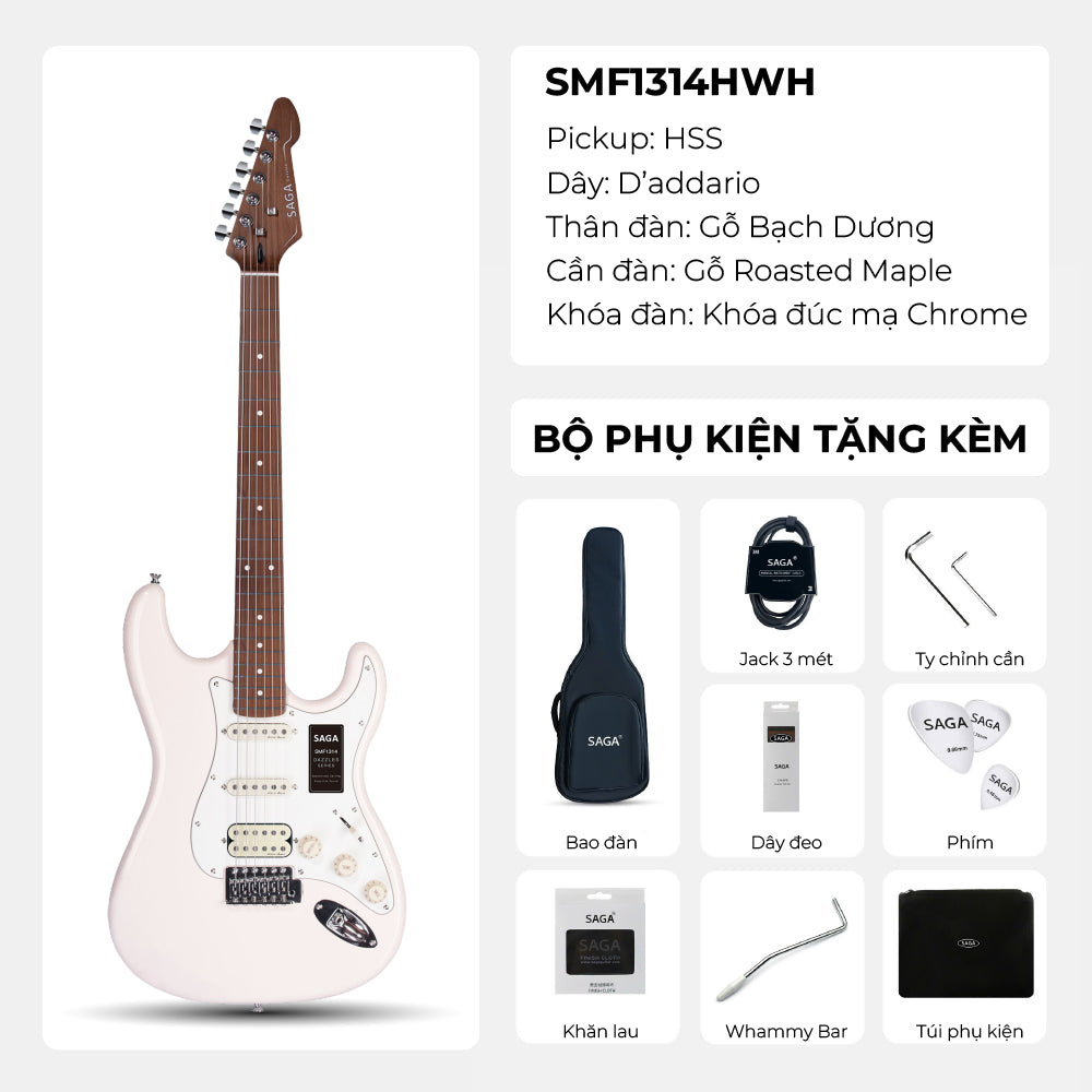 Đàn Guitar Điện Saga SMF1314H Stratocaster HSS, Maple Fingerboard, White - Việt Music