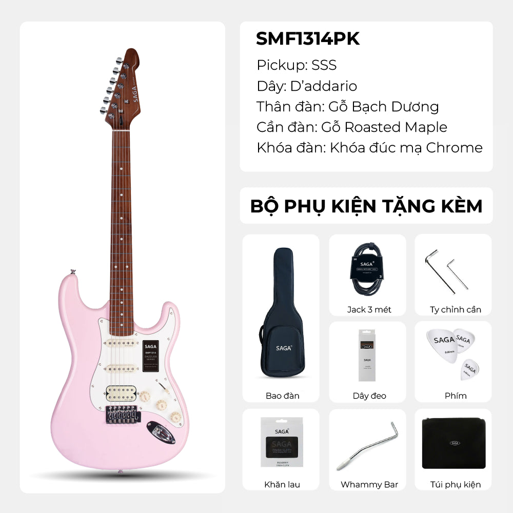 Đàn Guitar Điện Saga SMF1314 Stratocaster SSS, Maple Fingerboard, Pink - Việt Music