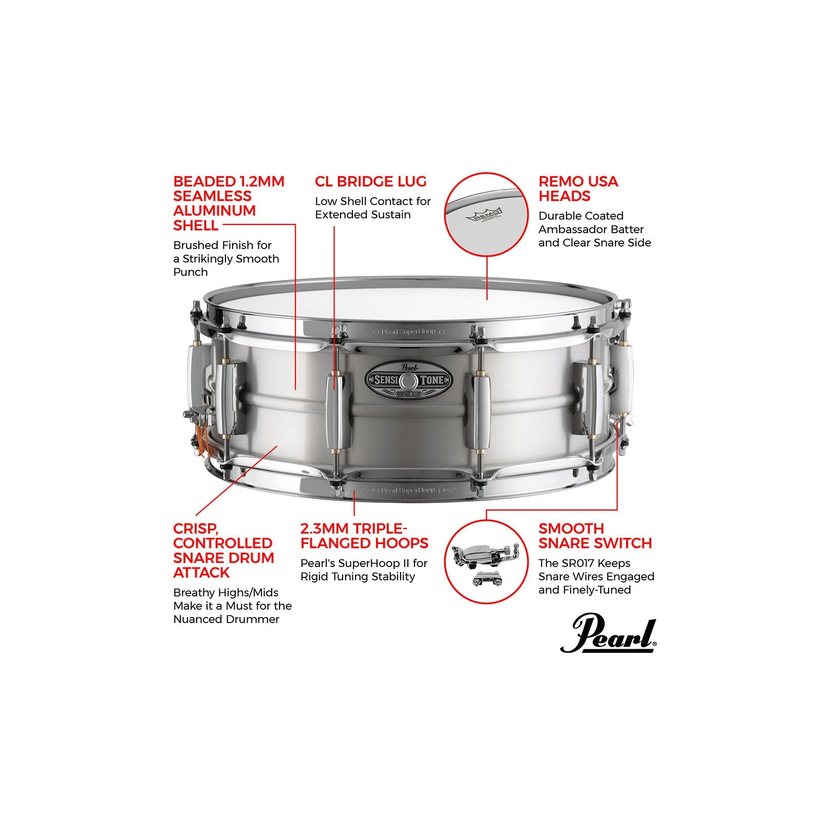 Trống Snare Pearl Sensitone Heritage Alloy Aluminum - Việt Music