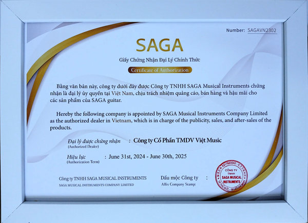 Giấy chứng nhận đại lý chính hãng Saga guitar