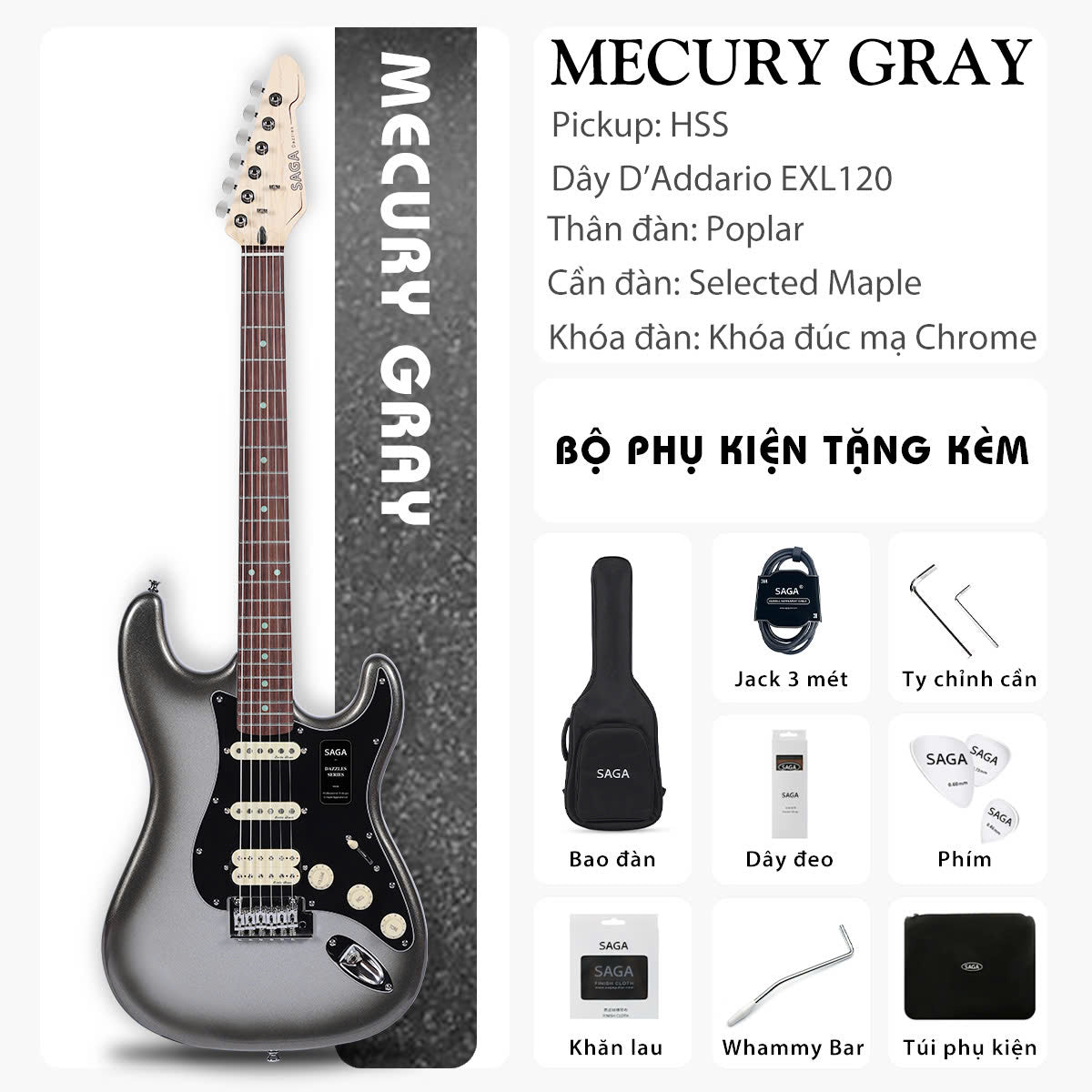 Đàn Guitar Điện Saga SMF1314H Stratocaster HSS, Rosewood Fingerboard, Mercury Gray - Việt Music