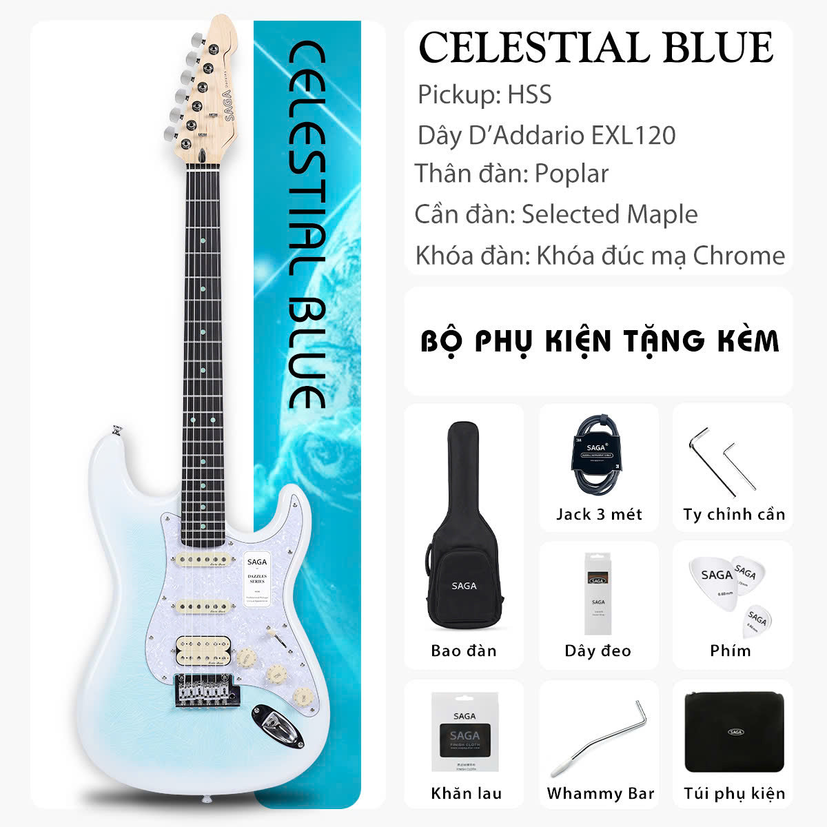 Đàn Guitar Điện Saga SMF1314H Stratocaster HSS, Rosewood Fingerboard, Celestail Blue - Việt Music