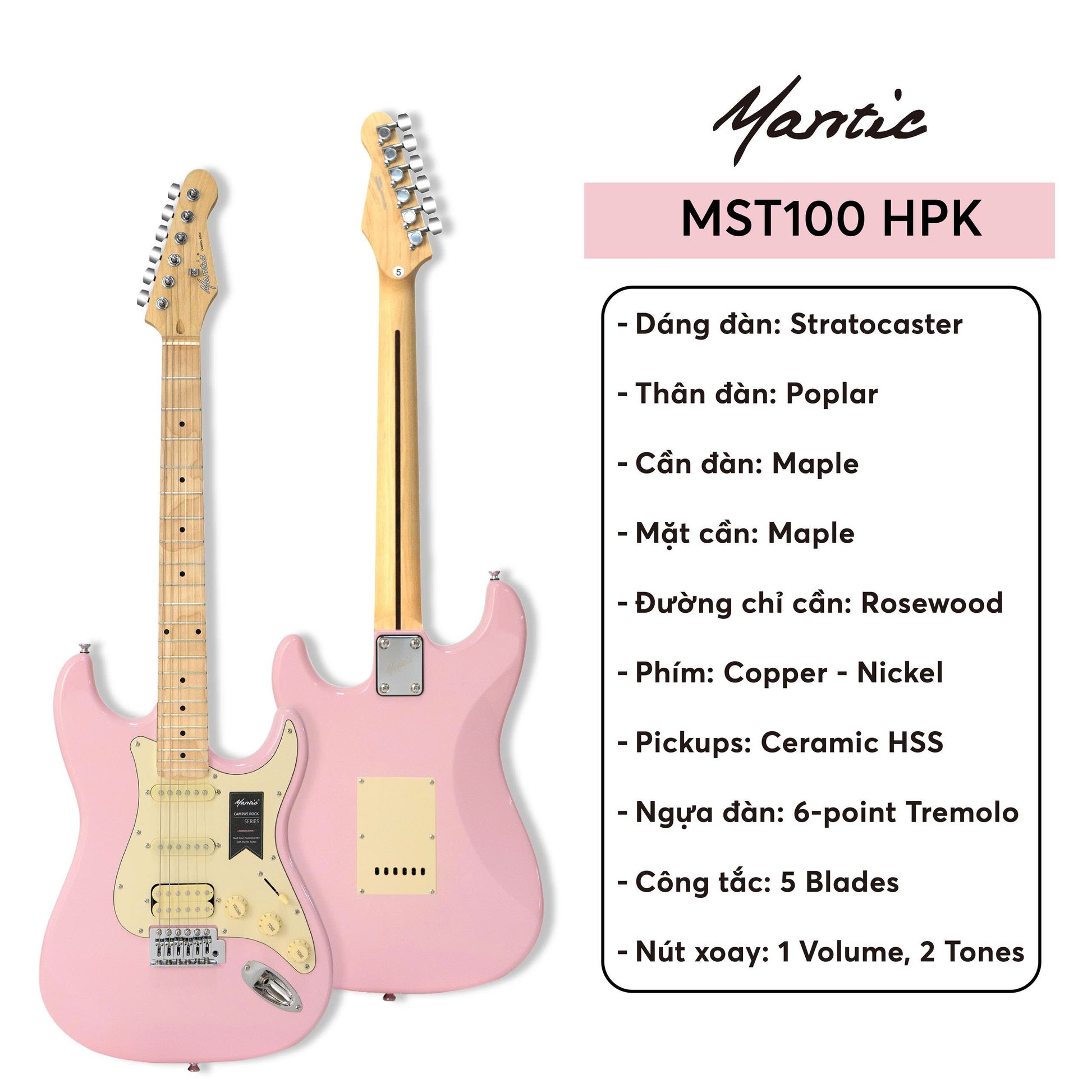 Đàn Guitar Điện Mantic MST100 HSS, Maple Fingerboard, Pink - Việt Music